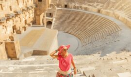 Ancient City Aspendos Antalya- tourist-girl-visiting-roman-theatre aspendos