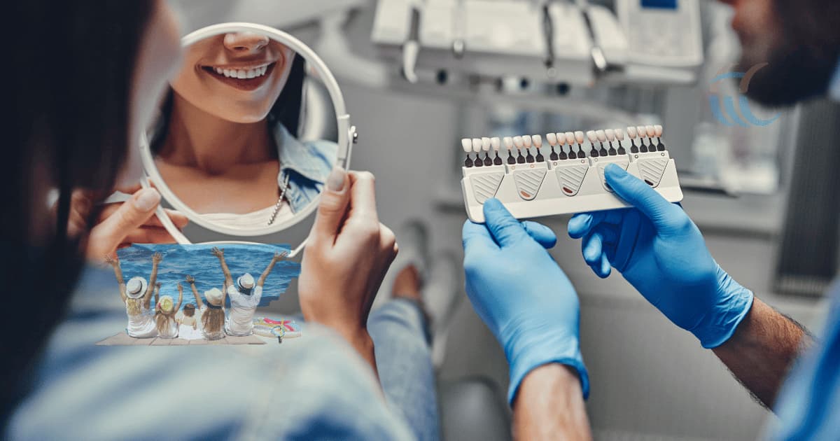 Woman choosing tooth shade at a dental clinic in Antalya, Türkiye, while envisioning a relaxing beach vacation - perfect blend of dental care and holiday.