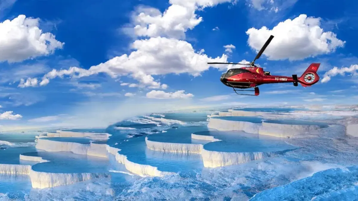 Exclusive Antalya Helicopter Tours: A Luxurious Aerial Experience 42 Luxury helicopter ride over Pamukkale’s famous terraces, offering stunning aerial views of natural wonders.